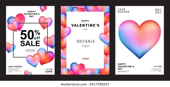 Conjunto de plantillas de diseño modernas para el día de San Valentín, tarjeta de amor, banner, afiche, portada, invitación. Estética minimalista de moda con gradientes y tipografía, fondos y2k. ilustración vectorial.