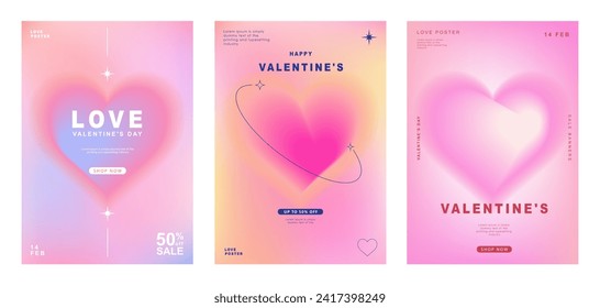 Conjunto de plantillas de diseño modernas para el día de San Valentín, tarjeta de amor, banner, afiche, portada, invitación. Estética minimalista de moda con gradientes y tipografía, fondos y2k. ilustración vectorial.