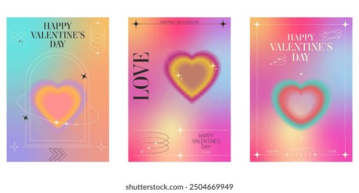 Set of modern design templates of Valentine's day. Blurred hearts in trendy retro y2k style for flyer, ads, invitation, promo, banner