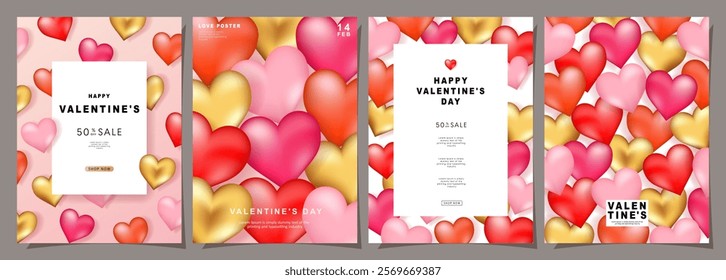 Set of Modern design templates for Valentines day, Love card, banner, poster, sale promotion, cover, invitation, backgrounds. Trendy 3d gradients with heart shapes and typography. Vector illustration.
