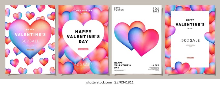 Set of Modern design templates for Valentines day, Love card, banner, poster, sale promotion, cover, invitation, backgrounds. Trendy 3d gradients with heart shapes and typography. Vector illustration.