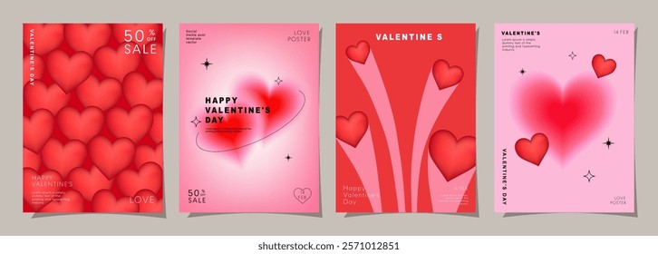 Set of Modern design templates for Valentines day, Love card, banner, poster, cover, sale promotion. Trendy minimalist aesthetic with gradients heart shapes and typography, y2k style backgrounds.