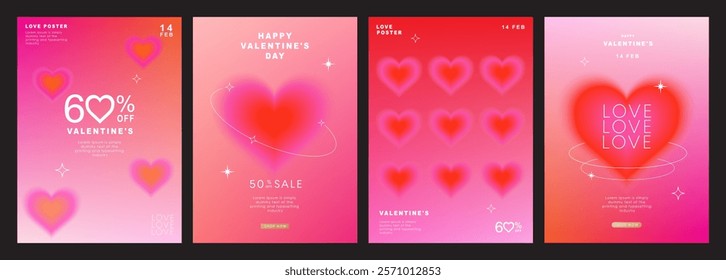 Set of Modern design templates for Valentines day, Love card, banner, poster, cover, sale promotion. Trendy minimalist aesthetic with gradients heart shapes and typography, y2k style backgrounds.