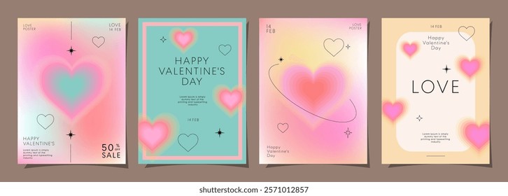Set of Modern design templates for Valentines day, Love card, banner, poster, cover, sale promotion. Trendy minimalist aesthetic with gradients heart shapes and typography, y2k style backgrounds.