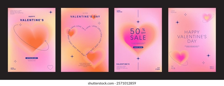 Set of Modern design templates for Valentines day, Love card, banner, poster, cover, sale promotion. Trendy minimalist aesthetic with gradients heart shapes and typography, y2k style backgrounds.