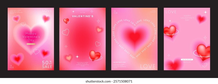 Set of Modern design templates for Valentines day, Love card, banner, poster, cover, sale promotion. Trendy minimalist aesthetic with gradients heart shapes and typography, y2k style backgrounds.