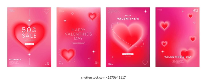 Set of modern design templates for Valentine's day, Love card, banner, poster, sale promotion, cover, invitation, wedding, backgrounds. Trendy 3d gradients with heart shapes. Vector illustration.