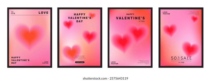 Set of modern design templates for Valentine's day, Love card, banner, poster, sale promotion, cover, invitation, wedding, backgrounds. Trendy 3d gradients with heart shapes. Vector illustration.