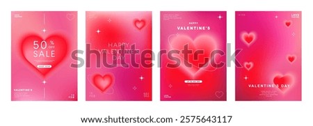 Set of modern design templates for Valentine's day, Love card, banner, poster, sale promotion, cover, invitation, wedding, backgrounds. Trendy 3d gradients with heart shapes. Vector illustration.