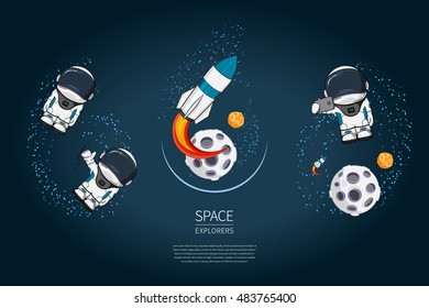 Set of Modern design vector illustrations with rocket Launch, astronaut, planet. universe exploration and new technology. Template for poster