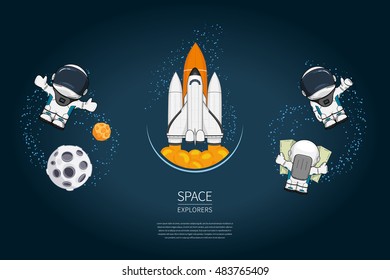 Set of Modern design vector illustrations with rocket Launch, astronaut, planet. universe exploration and new technology. Template for poster.