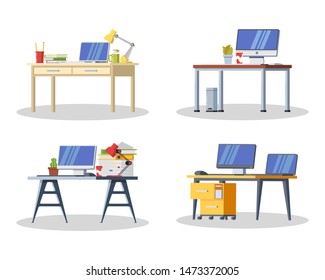 Set of modern desk with computer, lamp, folders, books, cup of tea or coffee, stationeries. Furniture item for interior of workplace at office or at home. Vector flat detailed icon isolated on white.