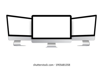 Set of Modern Desktop PC Isolated on White Background, Front and Side View. Vector Illustration