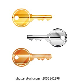 Set of modern detailed door keys made of different metal like gold, silver and copper, isolated on white