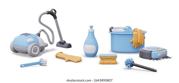 Set of modern devices, detergents and electrical household appliances for cleaning. Vacuum cleaner, sponge, robot, brush, bucket, glove, bottle. Isolated objects