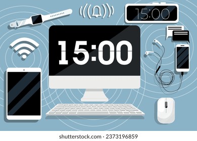 Set of modern devices and gadgets on grey background. Concept of