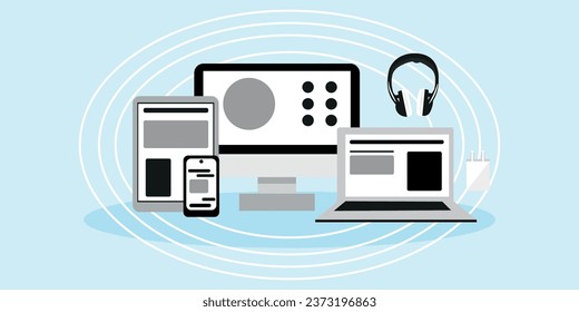 Conjunto de dispositivos y gadgets modernos sobre fondo azul claro. Conc