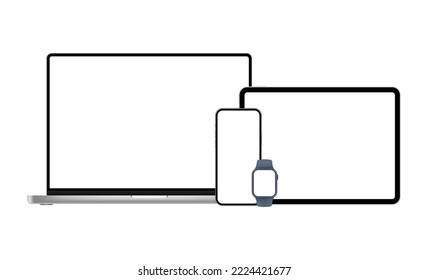 Conjunto de dispositivos modernos. Portátil, Tablet horizontal, Smartphone y Smart Watch. Ilustración vectorial