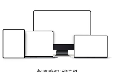 Conjunto de maquetas de dispositivos modernos con pantallas sin marco en blanco: monitor, portátil, equipo Tablet PC. Ilustración del vector