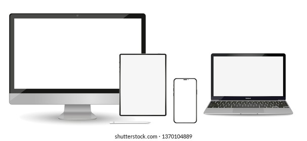 Conjunto de maquetas de dispositivos modernos con pantallas sin marco en blanco: monitor, portátil, teléfono de Tablet PC. Ilustración del vector