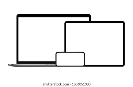 Set of modern devices mockups with blank screens: laptop, tablet computer, smartphone. Vector illustration