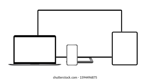 Set of modern devices mockups with blank frameless screens: monitor, laptop, tablet computer. 