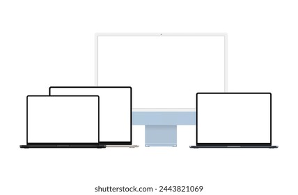 Set of Modern Devices Mockups With Blank Screens. Blue Monitor And Laptops. Vector Illustration