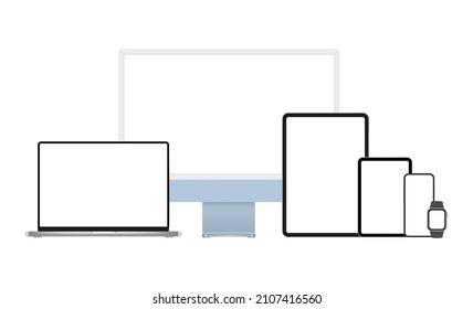 Set of Modern Devices Mockups: Computer Monitor, Laptop, Tablet, Phone, Smart Watch. Vector Illustration