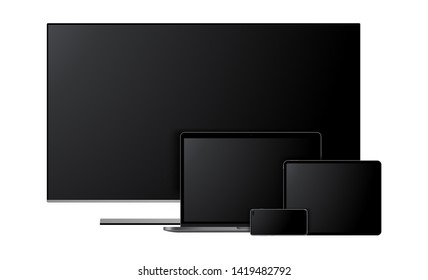 Set Of Modern Devices Mockups: TV, Laptop, Tablet Computer, Smartphone. Vector Illustration