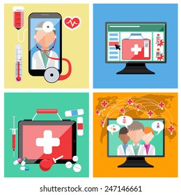 Set of modern devices smartphone, monitor, tablet device and mobile medical distance monitoring online in flat design baners