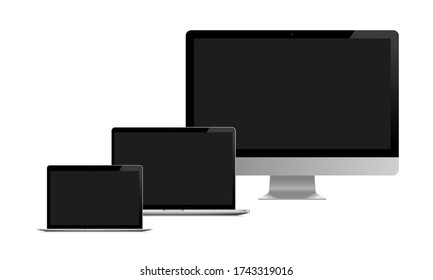 Conjunto de dispositivos modernos: portátil ultralight, portátil profesional y pantalla de ordenador con pantalla negra en blanco. Burla realista. Ilustración vectorial.