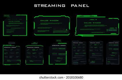 Set of modern dialog HUD interface elements. Green streaming bar. Information boards and blocks with a frame for online communication