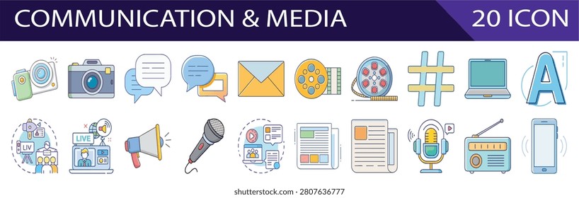 Set of modern digital communication and media symbols in vibrant colors and flat style
