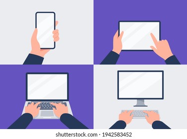 Set of modern digital devices in hands. Computer, laptop, tablet, and smartphone. Vector flat illustration.