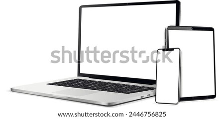 Set of modern digital devices template for responsive design presentation. Mockup of laptop, smartphone and tablet pc.