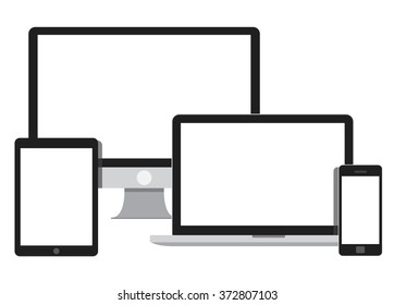 Set of Modern Digital devices vector flat illustration. Laptop device, tablet PC, mobile phone.
