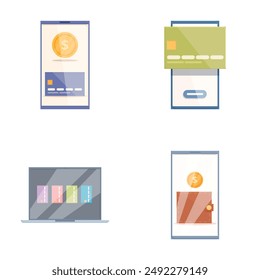 Set of modern digital finance icons for online banking, credit card app, mobile payment, financial technology, money management, and secure transactions