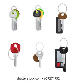 Set of modern door and car keys with trinket on keyring and remote alarm flat vectors isolated on white background. House and vehicle keys illustrations collection for real estate and auto concepts