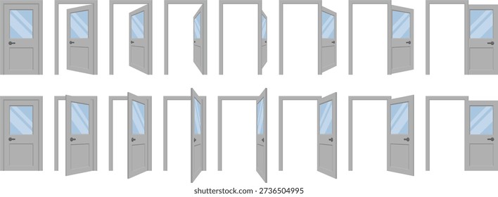 Set of modern door icons displaying open, half-open, and closed positions. Clean vector style isolated on white background, ideal for interface design, web projects, motion graphics, and access or