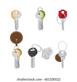 Set of modern door keys on keyring with trinkets flat design vectors isolated on white background. House colorful keys illustrations collection for real estate and security access concepts