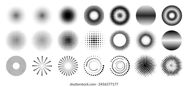 Set of modern dot circle halftone with pop art grunge texture as vector design element. Black and white round dotted halftone. Retro comic style halftone dot background or gradient polka ink pixel art