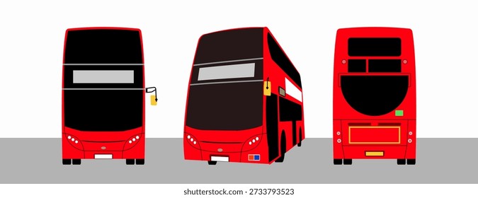 Conjunto de autobuses modernos de dos pisos en el Reino Unido. Autobuses rojos Routemaster de dos pisos. Ilustración vectorial aislada
