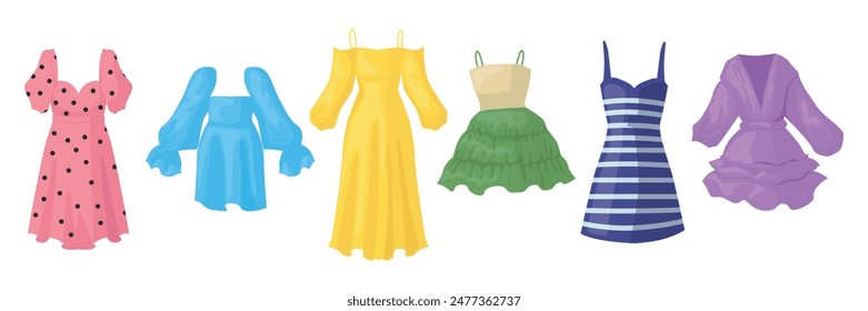 Set of modern dresses and sundresses in cartoon style. Vector illustration of girls' dresses with long and short, puffy sleeves, open shoulders, prints. Cocktail dresses. Midi and mini length dresses.