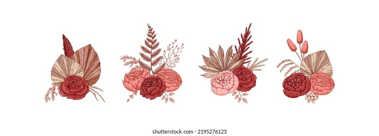 Set of modern dried flowers compositions. Boho bouquets. Hand drawn vector illustration