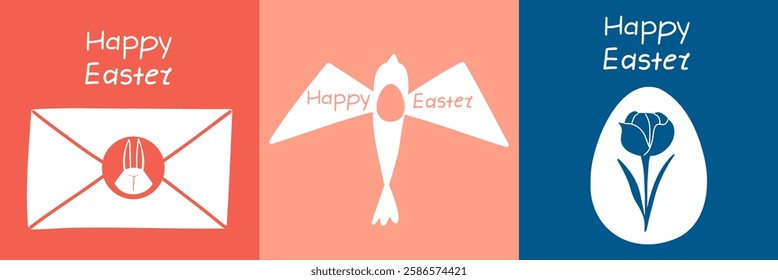 Set of modern Easter cards with Eggs, flower, bird and handwritten greeting inscription