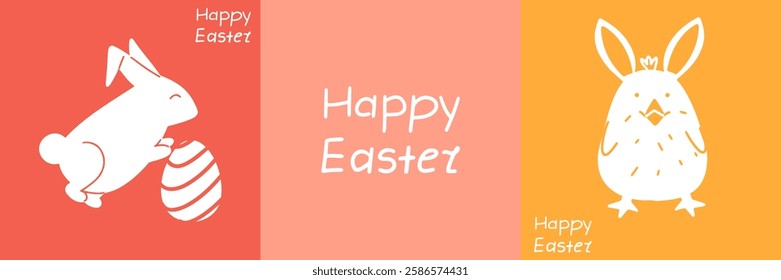 Set of modern Easter cards with symbols of spring celebration. Easter bunny with egg, chick and handwritten greeting inscription