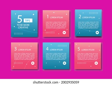 Set of modern editable square web templates for social media blog post with sample text. Blue and pink gradient colors. Heading, post and quote frames. Vector illustration feed layout