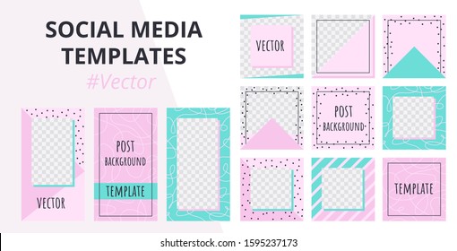 Set of modern editable template for social networks stories and posts. Trendy pink social media pack in memphis style. Summer mockup for advertising. Vector illustration