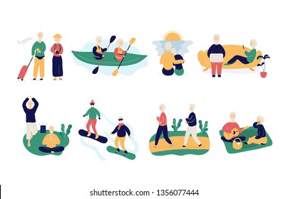 Set of modern elderly people keeping active healthy lifestyle. Vector flat modern style illustration icon design. Isolated on white background. 