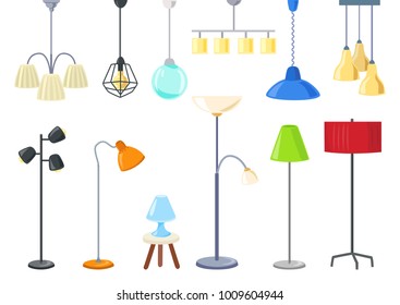 set of modern electric lamps, chandeliers, floor lamps. Isolated. vector illustration